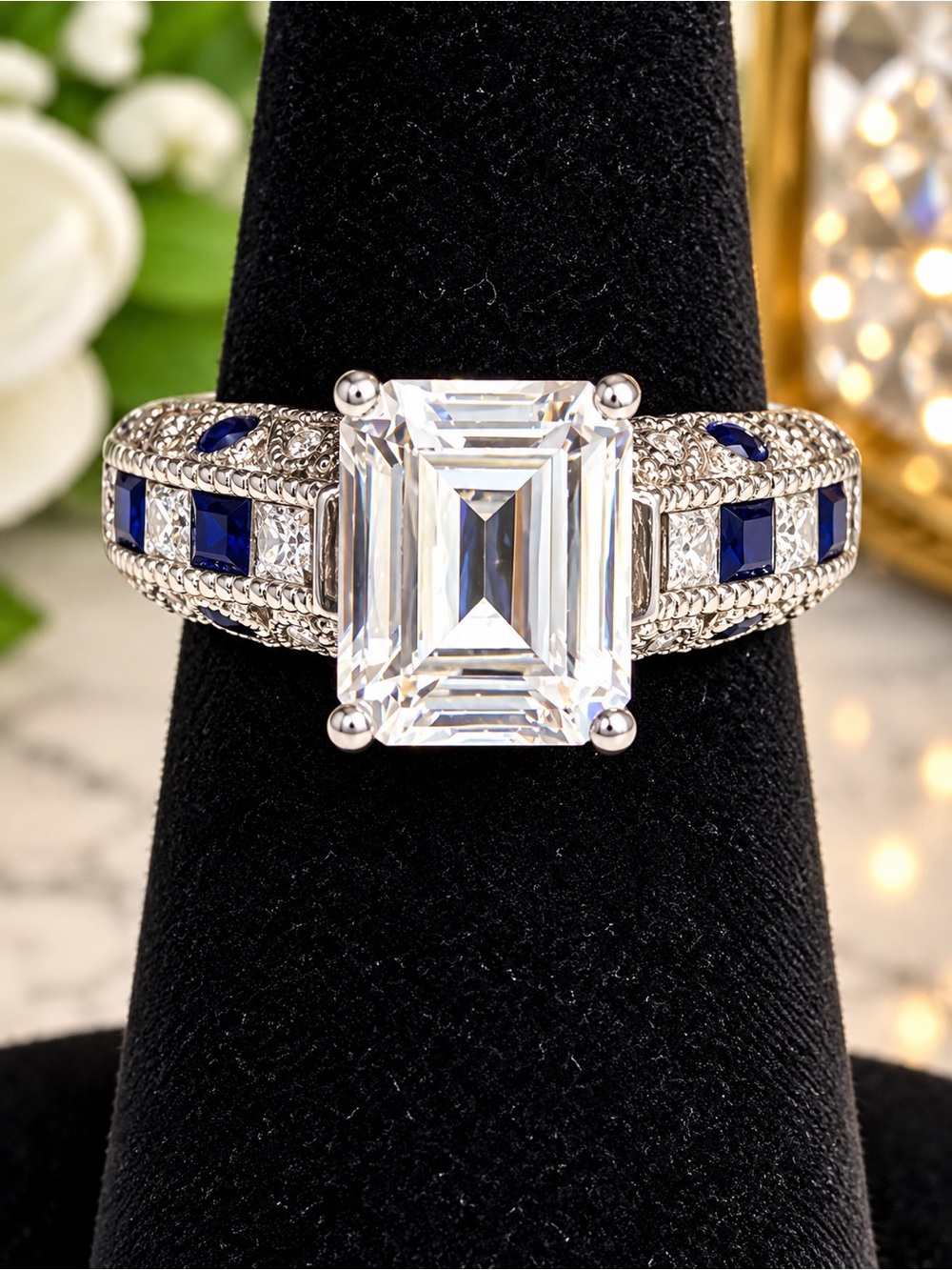 925 SterlingSilver Art Deco Emerald Cut Vintage-Inspired Ring With Blue Sapphire